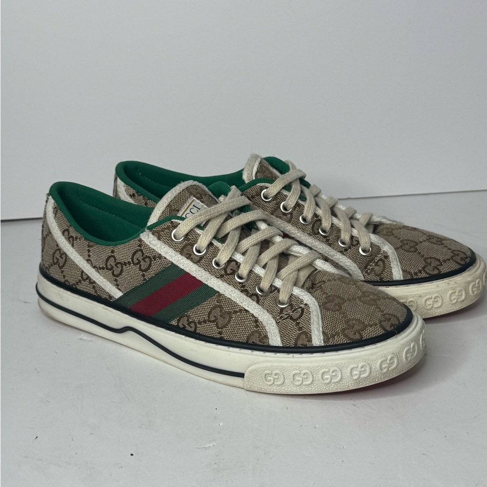 Gucci Brown Canvas Sneakers with Green and Red Accents
